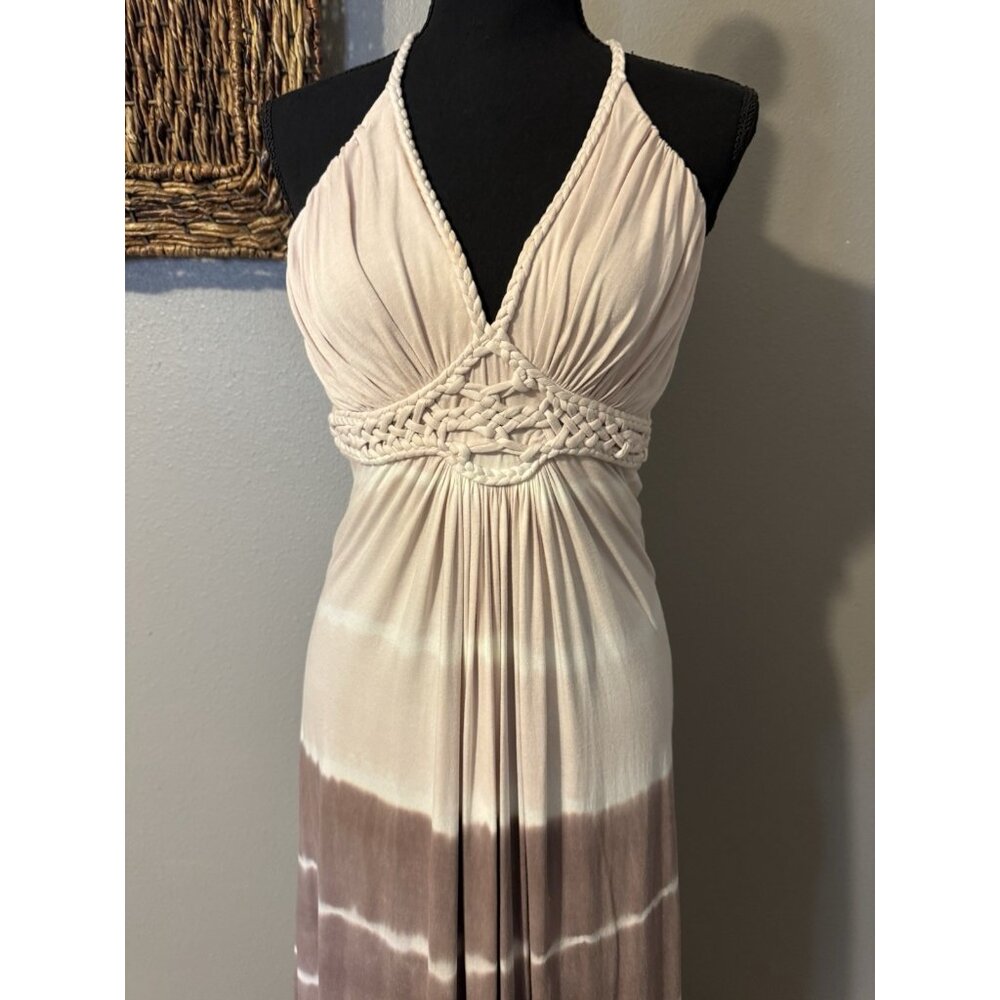 SKY Brand Maxi Dress M Soft Brown Tie Dye Braid Trim Stretch Long NEW - Picture 7 of 13